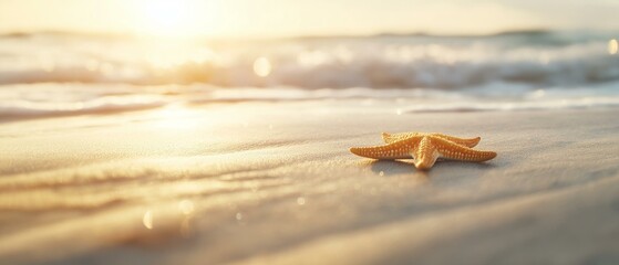 Close-up of a starfish on a sandy beach. the starfish is in the center of the image and is facing towards the right side of the frame.