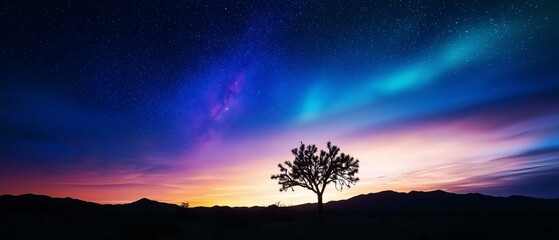 Beautiful landscape of a desert landscape with a lone tree in the foreground. the sky is filled with stars and the colors of the sky are a mix of blue, purple, pink, and orange hues.