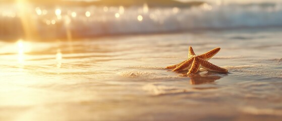 Close-up of a starfish on the beach at sunset. the starfish is in the center of the image, with its five arms stretched out in front of it.