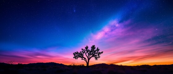 Beautiful landscape photograph of a desert landscape at sunset. the sky is filled with stars and the colors of the sky are a mix of blue, pink, purple, and orange.