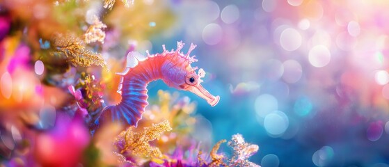 Close-up of a seahorse swimming in an underwater environment. the background is blurred, but it appears to be a colorful, bokeh-like scene with a variety of plants and flowers.