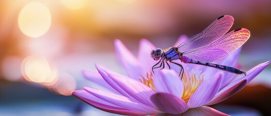 Close-up of a dragonfly resting on a pink lotus flower. the dragonfly is in focus, while the background is blurred, creating a dreamy and ethereal atmosphere.