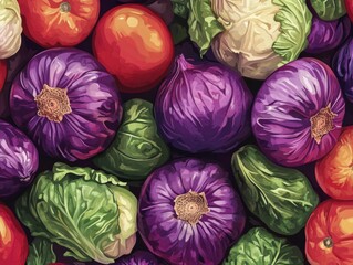 Obraz premium A vivid and appealing selection of colorful vegetables including tomatoes, cabbage, cauliflower, and purple onions on a table, emphasizing their freshness and variety.