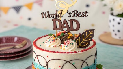 A festive fathers day cake, adorned with worlds best dad topper, sits on a teal table