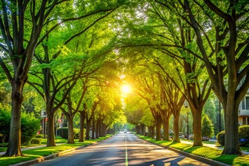 Obraz premium Sunlit Street Canopied by Lush Green Trees A Stunning 4K Nature Photography