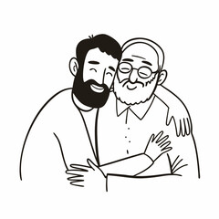 Fototapeta premium Adult hipster son fun hugging old senior father at home, two generations have a beard talking together and relaxing with smile, 2 man happy enjoy to living at home in father's day with love of family