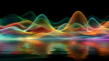 Abstract Digital Illustration Of Colorful Waveforms Reflecting On Water Surface