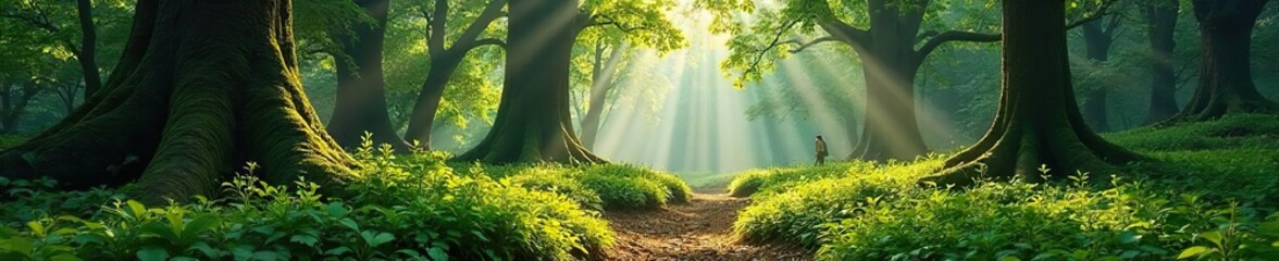 Sun-dappled forest floor, lush green undergrowth, ancient trees casting shadows, tranquil woodland scene, perfect for nature backgrounds , organic, stillness, roots