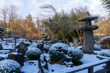 Zlin, Czech Republic - February 15, 2025: Animals in the zoo. Japanese Garden in Winter with...