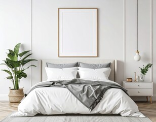 Bright bedroom interior with a blank frame above the bed and a plant