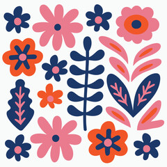 A cheerful and vibrant collection of stylized floral elements and leaves in pink and navy blue on a white background.
