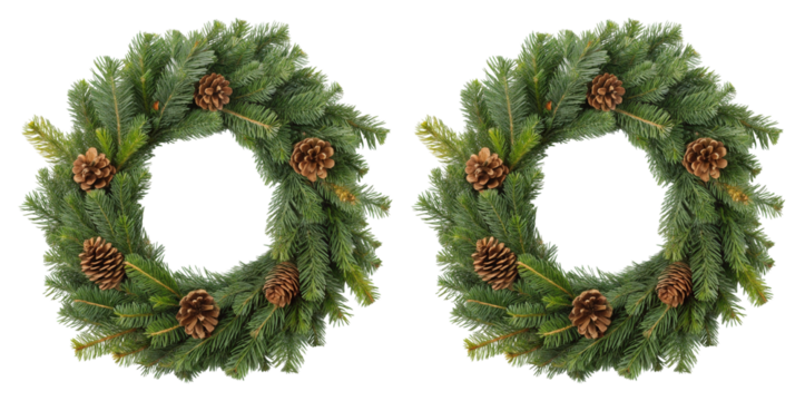 Beautiful Christmas wreath made of fir tree branches and pine cones on a white background for festive decoration