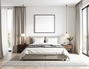 Bright bedroom interior with a large bed minimalist decor and natural light