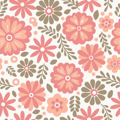 Seamless floral pattern with peach and brown flowers and foliage on white background