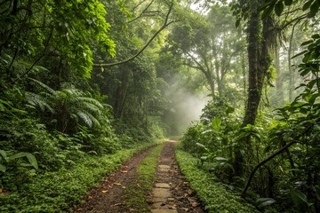 Obraz premium Misty Jungle Path A 4K High-Resolution Photo of a Lush Rainforest Trail