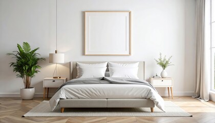 Bright bedroom interior with blank frame bedside tables and potted plant