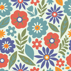 Colorful and cheerful floral pattern seamlessly repeating for decorative and textile designs