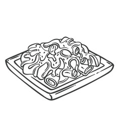 Traditional Hong Kong rice noodle rolls served on a plate with savory sauce. Cantonese dim sum dish. Outline vector illustration in engraved style for packaging, menu, or Asian food content.