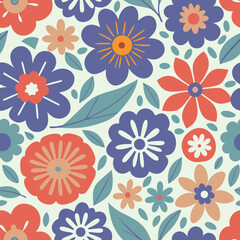Whimsical hand drawn floral seamless pattern in vibrant colors for spring and summer designs