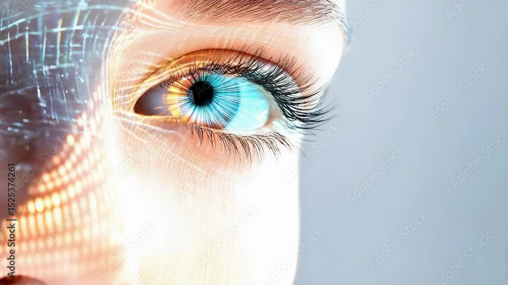 Poster a close-up of an eye with digital graphics, symbolizing technology and vision or data integration.