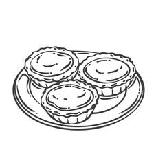 Three egg tarts with smooth custard filling on a round plate. Classic Cantonese pastry with flaky crust. Outline vector illustration in engraved style for bakery menu, packaging, or food blogs.