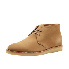 Pristine tan suede chukka boot, two-eyelet lacing, natural crepe sole, 3/4 low-angle view on transparent seamless background, no shadows, soft studio light, ultra-realistic product display concept