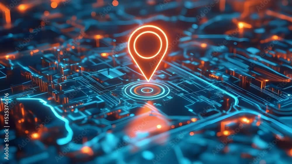 Poster a digital circuit board with a glowing location pin, representing navigation or mapping technology.