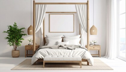 Bright bedroom with fourposter bed woven pendant lights and potted plant