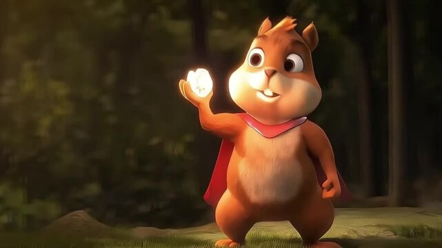 A 3D cartoon squirrel superhero holding a glowing acorn in a forest clearing at golden hour