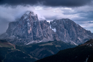 Majestic sharp mountain peak in the Dolomites. National Park, Ortisei, Bolzano, Italy.