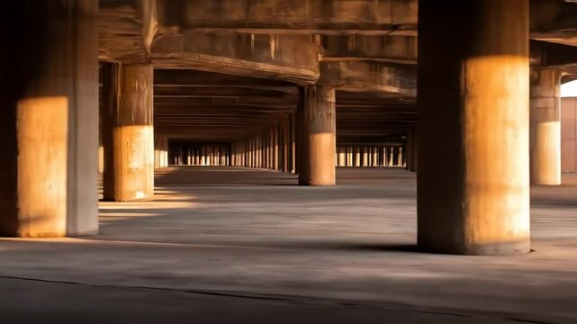 Empty parking garage underpass bathed in golden sunlight.  Concrete columns create a perspective effect