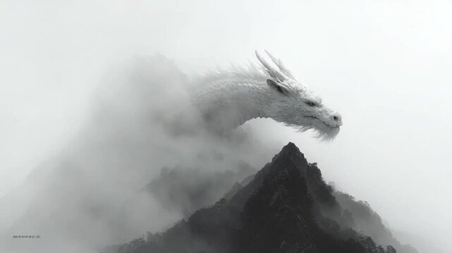 Majestic white dragon portrait perched atop misty mountain peak, artistic fantasy creature