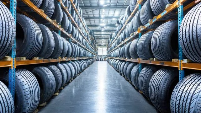 Rows of tires stacked high on metal shelving in a warehouse