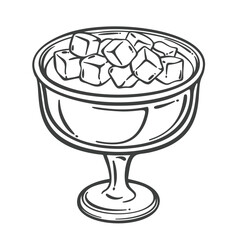 Glass dessert bowl filled with creamy mango pudding and diced mango cubes on top. Classic sweet treat in outline engraving style. Outline vector illustration for dessert menu, packaging, or labels.