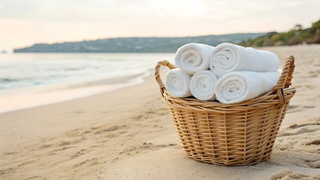 A basket filled with fresh towels resting on sandy shores, inviting relaxation and enjoyment by the water.