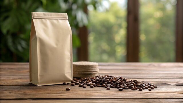 A coffee bag on a wooden table next to scattered roasted coffee beans, highlighting the richness and aroma of fresh coffee.