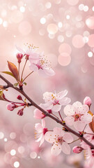 Delicate pink cherry blossoms blooming on a branch with a soft bokeh background