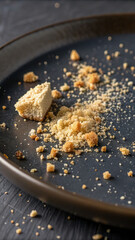 Crumbs and a cake slice on a dark plate close up represents food waste after enjoying dessert