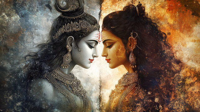 Lord Shiva and Goddess Parvati Ardhanarishvara Hindu God and Goddess Digital Art Painting Mythology Religious Spiritual Deity Hinduism India Vedic Mahadev Shakti Cosmic Energy Divine Couple Eternal
