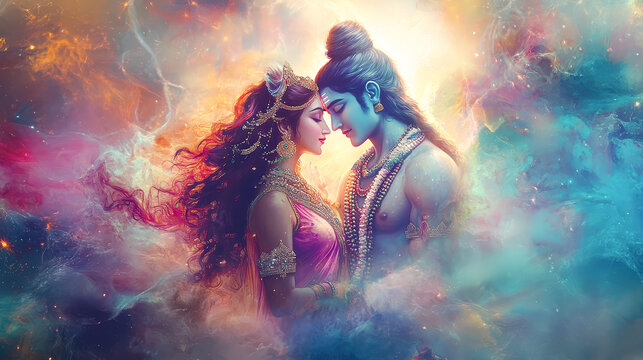 Hindu God Lord Shiva and Goddess Parvati Mahadev Romantic Couple Divine Love Colorful Abstract Background Wallpaper Painting Digital Art Illustration Mythology Hinduism Spirituality Religion India