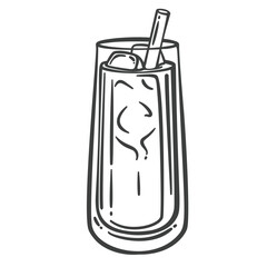 Iced Hong Kong milk tea in tall glass with straw and ice cubes. Classic cold beverage made with black tea and milk. Outline vector illustration for cafe menu, packaging, or beverage design