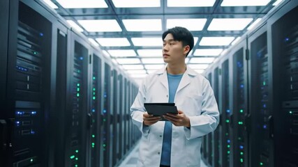 Man in lab coat holds tablet in a server room looking away - Powered by Adobe