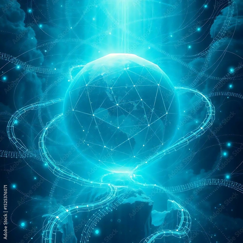 Poster glowing digital globe with data network connections in futuristic abstract cyber world