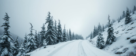 Snowy road through forest – Winter landscape and peaceful nature concept