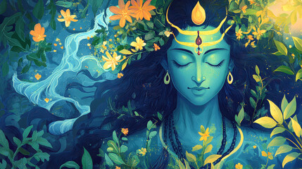 Serene Hindu God Shiva Meditating amidst Nature Lush Greenery and Vibrant Flowers Divine Illustration for Spiritual Wellness Yoga and Meditation Practices Mahadev Wallpaper Poster or Greeting Card