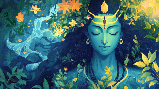 Serene Hindu God Shiva Meditating amidst Nature Lush Greenery and Vibrant Flowers Divine Illustration for Spiritual Wellness Yoga and Meditation Practices Mahadev Wallpaper Poster or Greeting Card