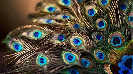 Obraz premium A Peacock's Feather with Iridescent Blue Eye in Closeup Against a Softly Illuminated Background
