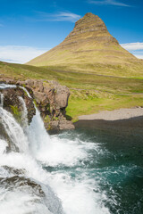 Kirkjufellsfoss on snaefellsnes peninsula (Iceland) in summer
