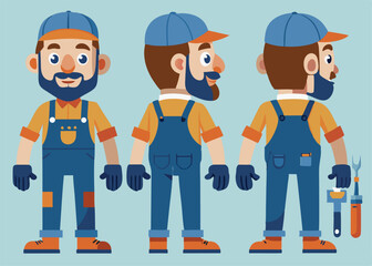 Mechanic Character Turnaround – Front, Side, Back View of Auto Workshop Worker