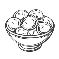 Bowl filled with round sugar egg puffs, crispy outside and fluffy inside, drawn in outline engraving style. Outline vector illustration for menu, packaging, or food design.